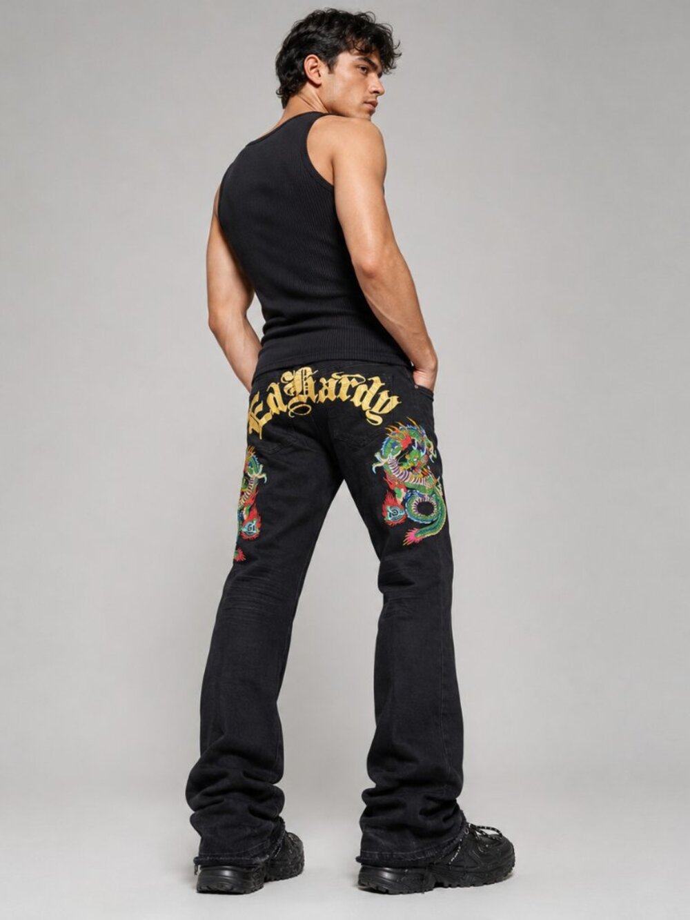 Ed Hardy Men’s 34 Black Dragon Embroidered Stacked Bootcut Jeans NWT Y2K